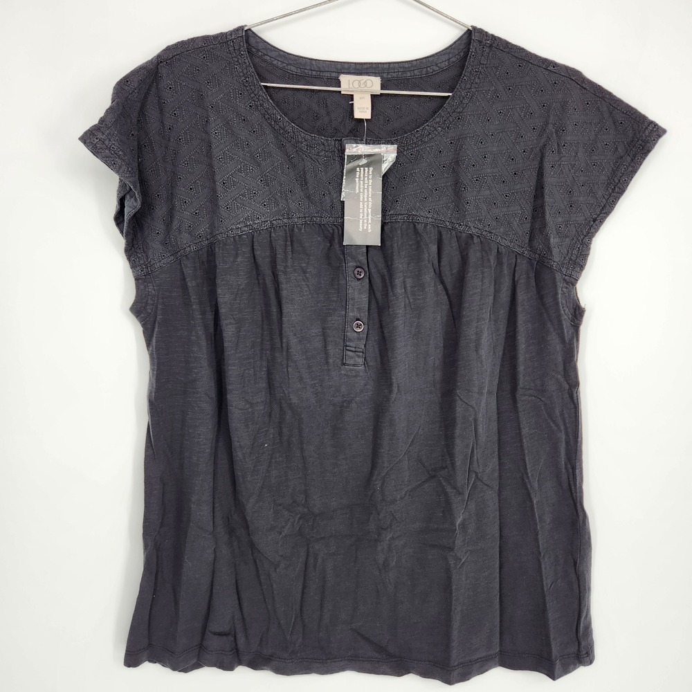 LOGO Lori Goldstein Women XXS Grey Cotton Eyelet Embroidered Henley Top NWT